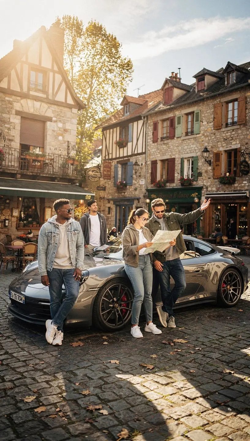 Skupina turistov obdivujúcich panorámu pri jazde luxusným autom.