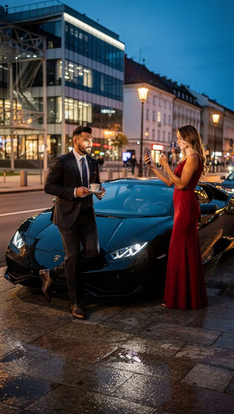 Krásny západ slnka nad slovenskými kopcami s luxusným autom v popredí.